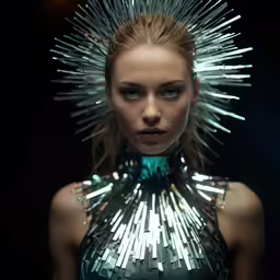 a woman is wearing silver spikkles on her head