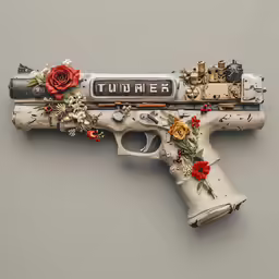 a replica gun with a decorated banner on it