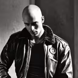 bald man sitting down looking down,bald man wearing a black leather jacket in an empty room