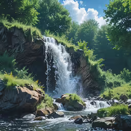 a waterfall on rocks next to a river