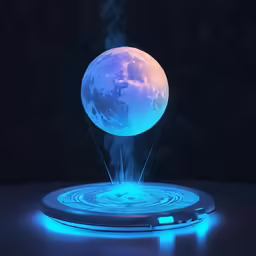 an illuminated blue plate holding a glowing sphere