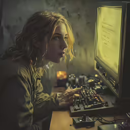 there is a young woman looking at a computer screen