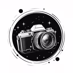 an image of a camera on the surface of a circular black and white photo