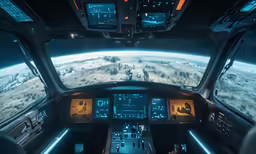 a view from the inside of a space shuttle looking at land below