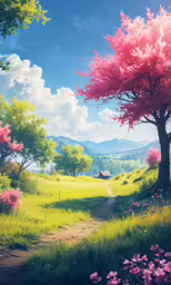 a cartoon scene of a grassy hillside with a tree and road