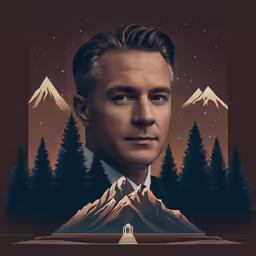 a painting of a man in the mountains with trees