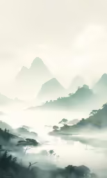 fog rising in an island surrounded by mountains