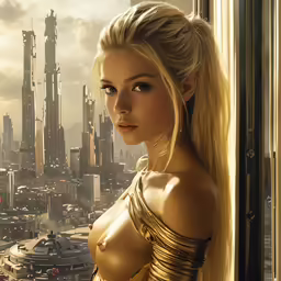an oil painting of a young woman in gold