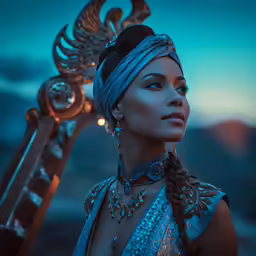 a beautiful woman wearing a headdress standing with a giant metal rod