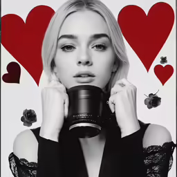a girl in a black dress drinking from a cup