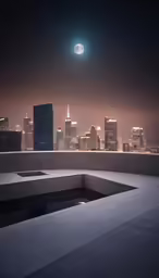 a full moon over a city with buildings