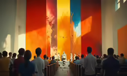 the scene is of many people sitting in pews