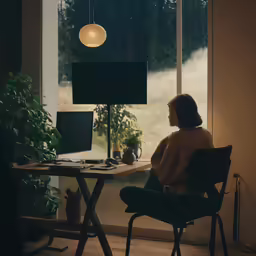 a woman is sitting at the desk while looking outside