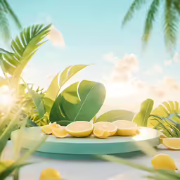 a collection of lemons are on a table with palm leaves