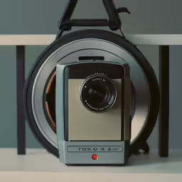 the camera is on the table with the shutter up
