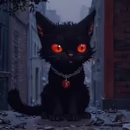 an image of black cat with red eyes sitting in a street