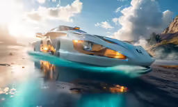 an futuristic looking car travels on water