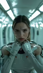 a woman wearing white futuristic attire holding her hands up to her face