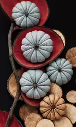 blue pumpkins sitting on top of two wooden slices