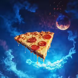 a slice of pizza flying with a drizzle on its face and the moon in the background