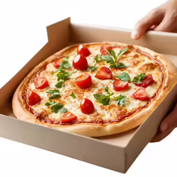 a pizza with toppings and tomatoes on a box