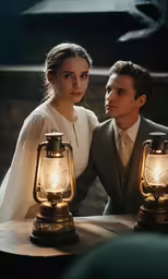 a young man and woman sitting next to each other with lamps on their head