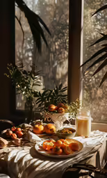 plates of fruit sit on a table beside a window