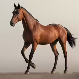a brown horse running with its rear legs and face