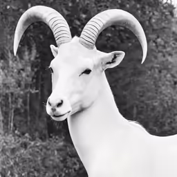 the head of an animal with long horns in front of a forest