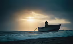 a man on a boat riding along the shore