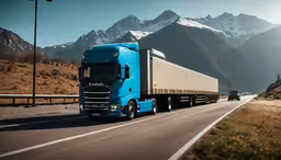 a semi truck driving down the highway,a large blue truck driving past a tall mountain range