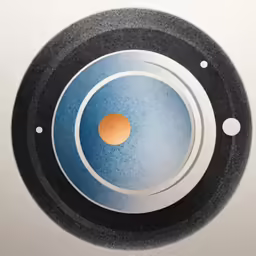 a round, black and orange object sits in the middle of a white background