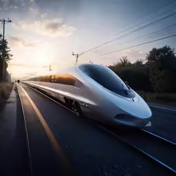a passenger train driving down the track at dusk