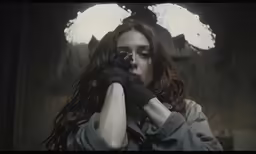 a woman in black gloves and a grey top with her hands on her face