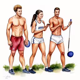 the three men and woman are playing in swimsuits,two men and a women holding balls are shown in this illustration,the two men are holding a paddle next to two women,three men and a woman with no shirt on playing frisbee,three different pictures of the same person wearing athletic clothing