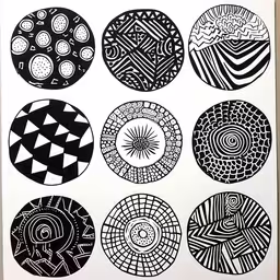 some black and white drawings are arranged in circles,a poster with different designs on it