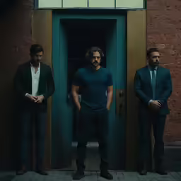 three men in suits standing next to an open door