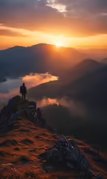 the sun setting over some mountains, with a man standing at the edge of it
