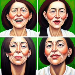 four stages of a face showing different angles of a woman,three paintings of women laughing with different emotions,an oil painting of three different faces with a woman laughing, one is frowning and the other half has her eyes closed,three pictures of different woman