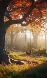 a swing with a chain on the grass next to a tree