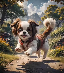 a dog runs with its mouth open while wearing a harness