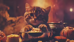 a cat stares into a bowl of cereal