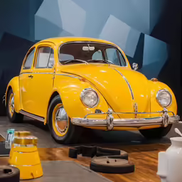 a yellow vw bug sitting on display next to a clock