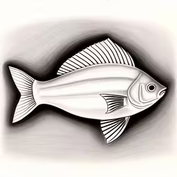 a drawing of a fish in ink,a picture of a white fish with black and white stripes