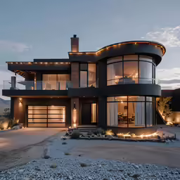 a modern home is lit up for halloween