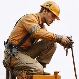 a man wearing a hardhat, holding an electric driller