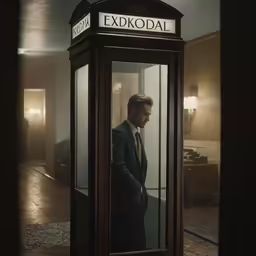a man in a suit is entering the phone booth