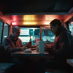 two men sitting at a table together in a bus