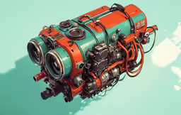 an orange and green steam engine on a blue background