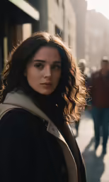a woman is looking at the camera on a street